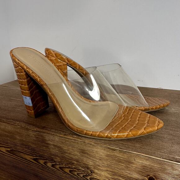 Wild Diva Lounge Lucite Chunky Block Heel Sandals SZ 6 Mustard Tan Croc Print - Picture 5 of 10